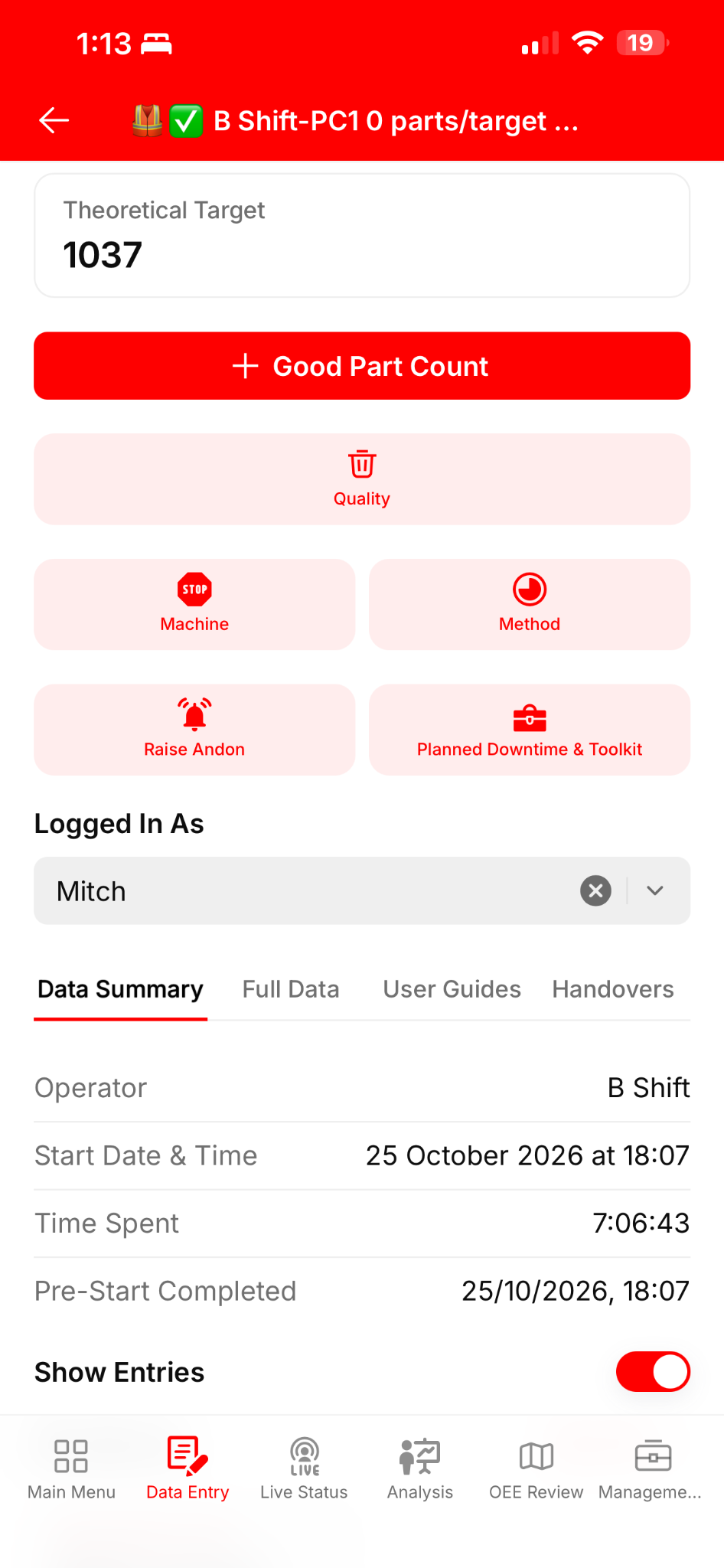 Operator controls for production counts, quality, machine and method losses.