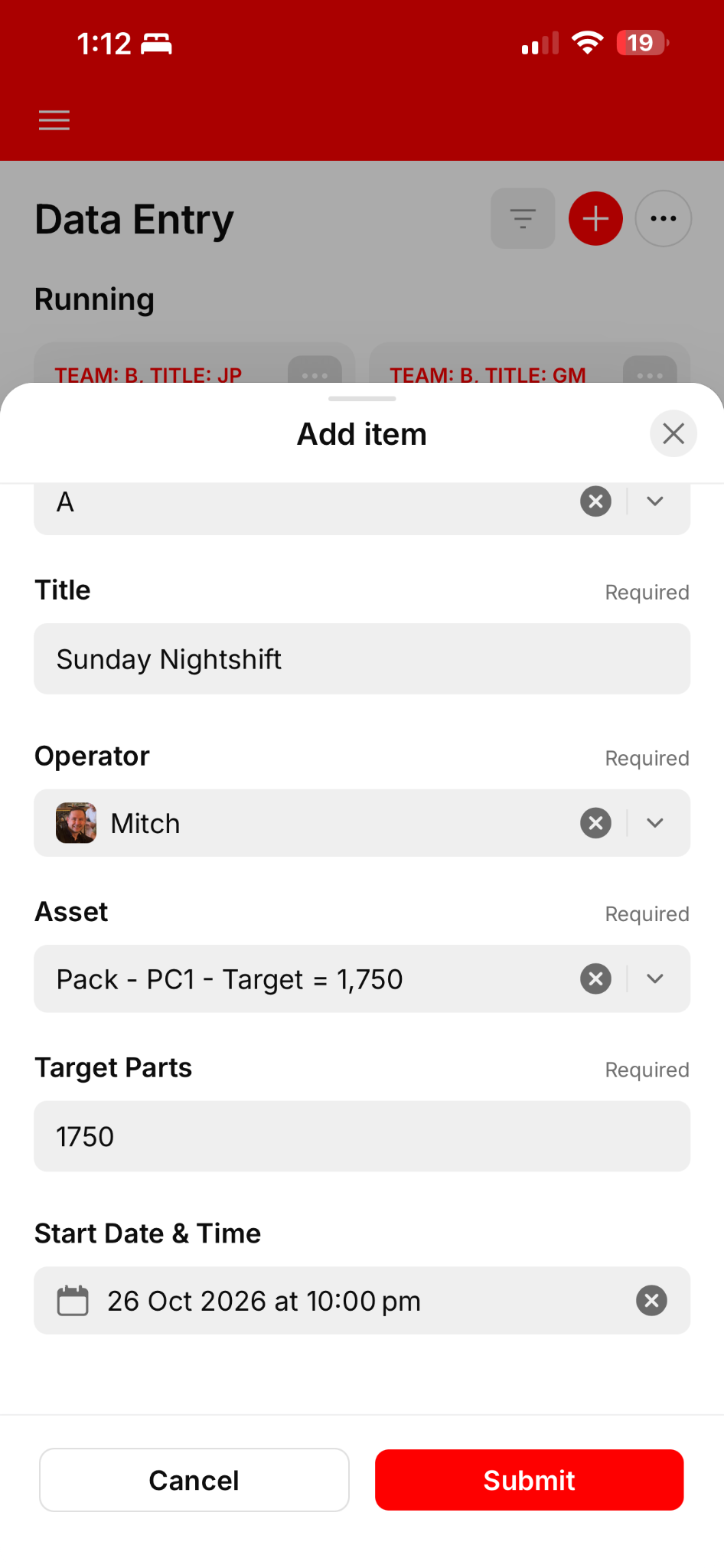 Shift setup showing operator, asset, production target and start time.